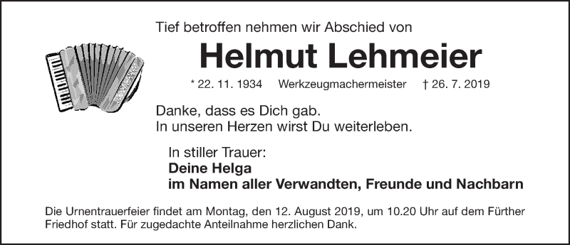  Traueranzeige für Helmut Lehmeier vom 07.08.2019 aus Fürther Nachrichten Lokal
