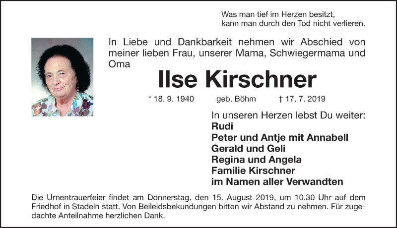  Traueranzeige für Ilse Kirschner vom 10.08.2019 aus Fürther Nachrichten Lokal