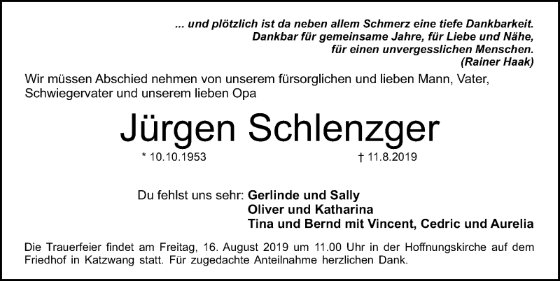  Traueranzeige für Jürgen Schlenzger vom 14.08.2019 aus Gesamtausgabe Nürnberger Nachrichten/ Nürnberger Ztg.