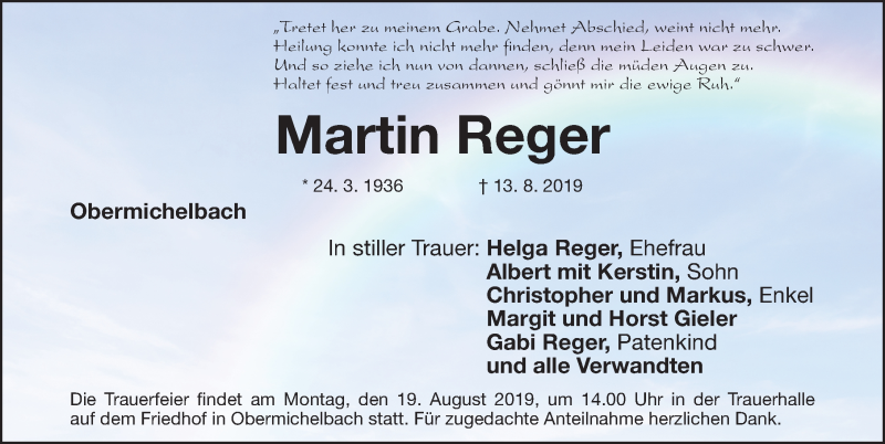  Traueranzeige für Martin Reger vom 17.08.2019 aus Fürther Nachrichten Lokal