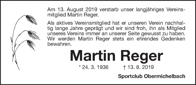  Traueranzeige für Martin Reger vom 17.08.2019 aus Fürther Nachrichten Lokal