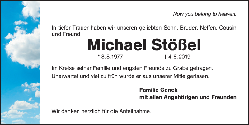  Traueranzeige für Michael Stößel vom 14.08.2019 aus Schwabach
