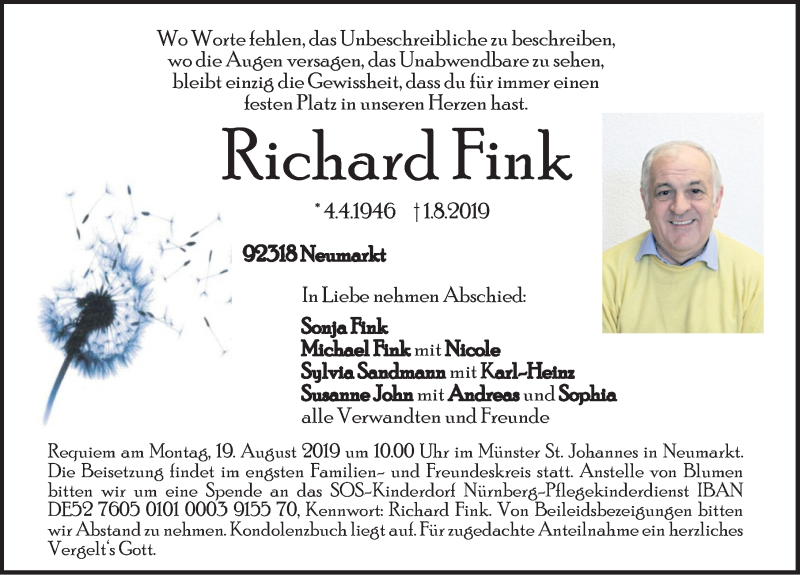  Traueranzeige für Richard Fink vom 14.08.2019 aus Neumarkter Nachrichten Lokal