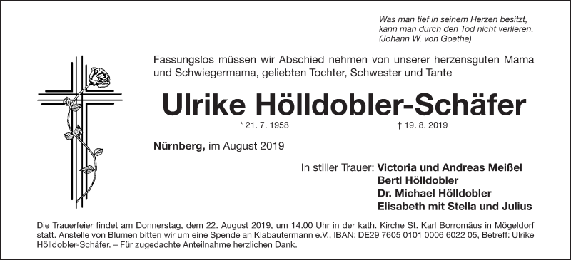  Traueranzeige für Ulrike Hölldobler-Schäfer vom 21.08.2019 aus Gesamtausgabe Nürnberger Nachrichten/ Nürnberger Ztg.