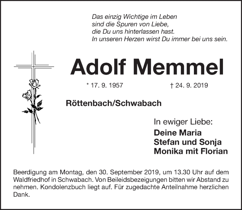  Traueranzeige für Adolf Memmel vom 27.09.2019 aus Roth-Hilpoltsteiner Volkszeitung Lokal