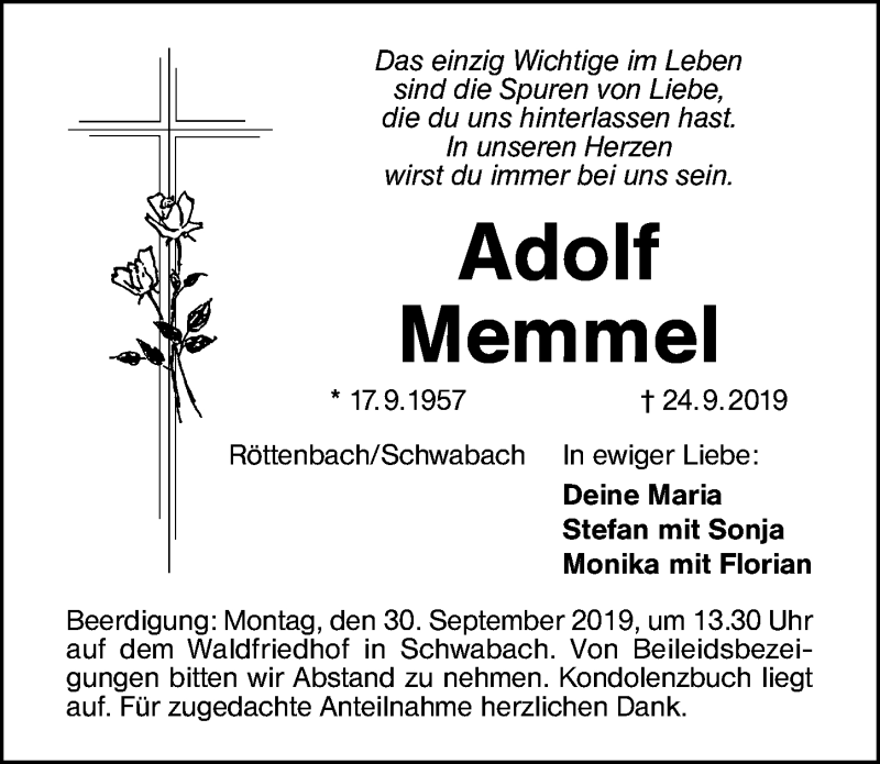  Traueranzeige für Adolf Memmel vom 27.09.2019 aus Schwabach