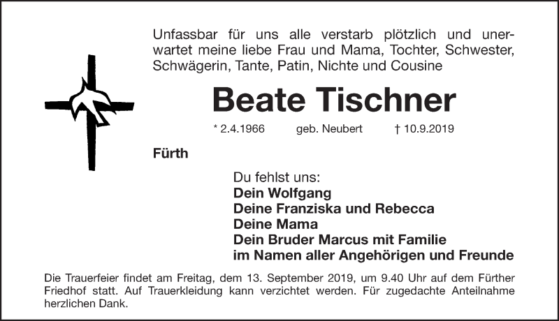  Traueranzeige für Beate Tischner vom 11.09.2019 aus Fürther Nachrichten Lokal