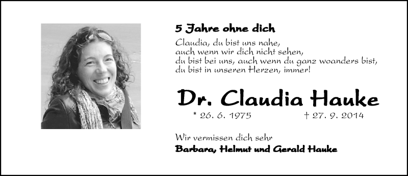  Traueranzeige für Claudia Hauke vom 27.09.2019 aus Schwabach