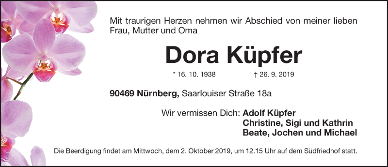  Traueranzeige für Dora Küpfer vom 28.09.2019 aus Gesamtausgabe Nürnberger Nachrichten/ Nürnberger Ztg.