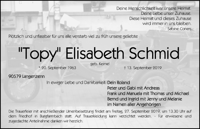  Traueranzeige für Elisabeth Schmid vom 21.09.2019 aus Fürther Nachrichten Lokal