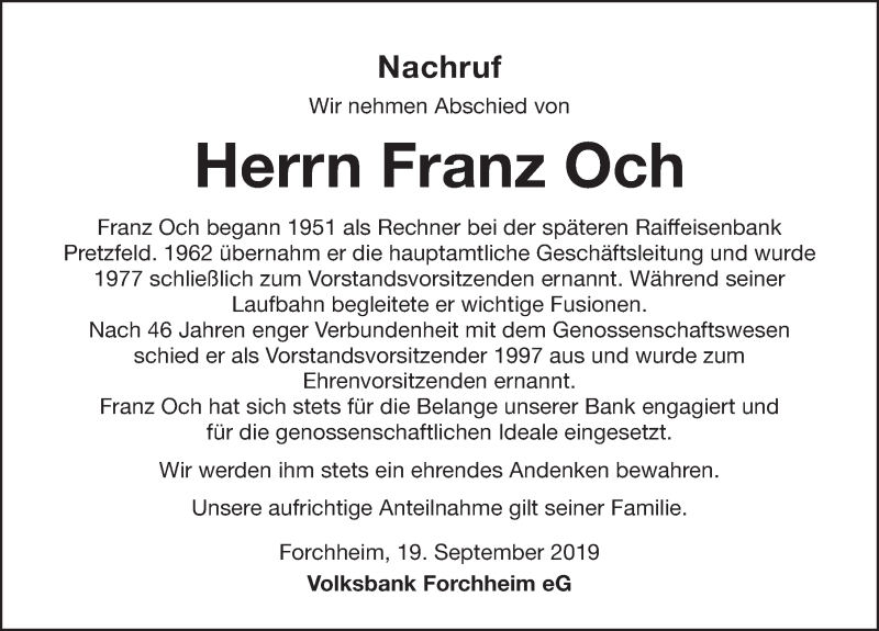  Traueranzeige für Franz Och vom 19.09.2019 aus Nordbayerische Nachrichten Forchheim Lokal