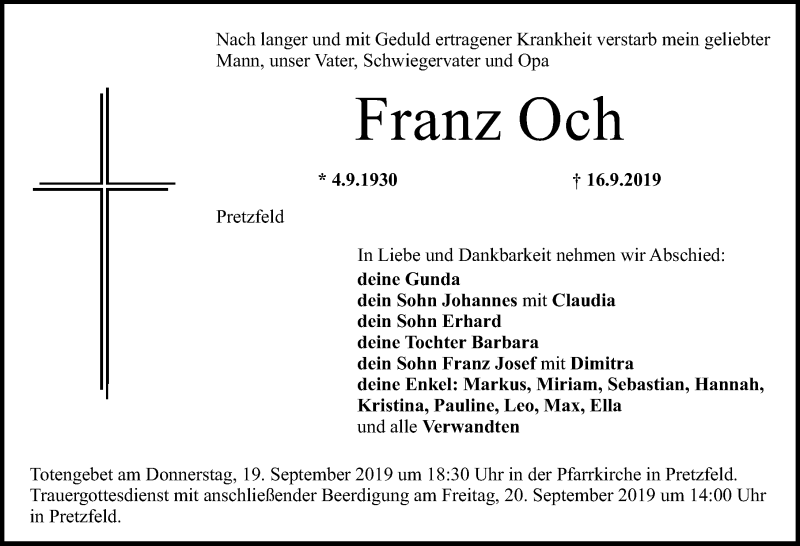  Traueranzeige für Franz Och vom 18.09.2019 aus Nordbayerische Nachrichten Forchheim Lokal
