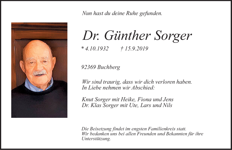  Traueranzeige für Günther Sorger vom 21.09.2019 aus Neumarkter Nachrichten Lokal