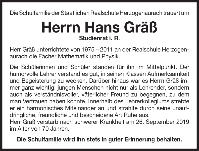 Traueranzeige für Hans Gräß vom 01.10.2019 aus Nordbayerische Nachrichten Herzogenaurach Lokal