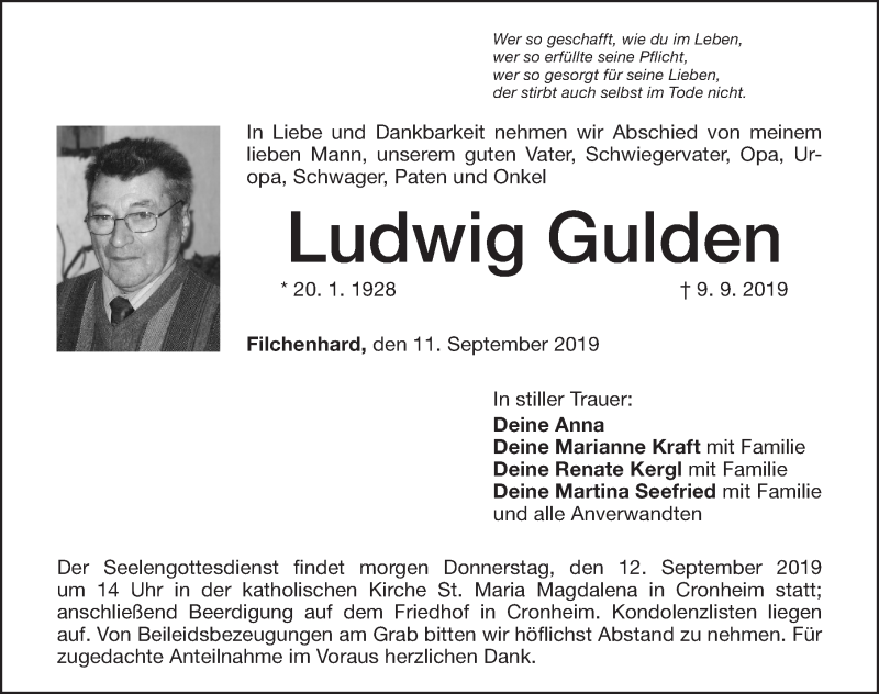  Traueranzeige für Ludwig Gulden vom 11.09.2019 aus Altmühl-Bote Lokal