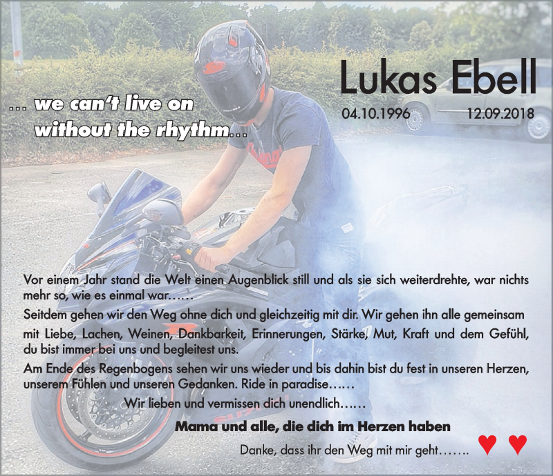  Traueranzeige für Lukas Ebell vom 12.09.2019 aus Schwabach