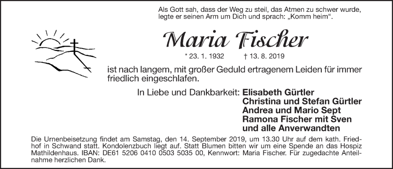  Traueranzeige für Maria Fischer vom 11.09.2019 aus Gesamtausgabe Nürnberger Nachrichten/ Nürnberger Ztg.