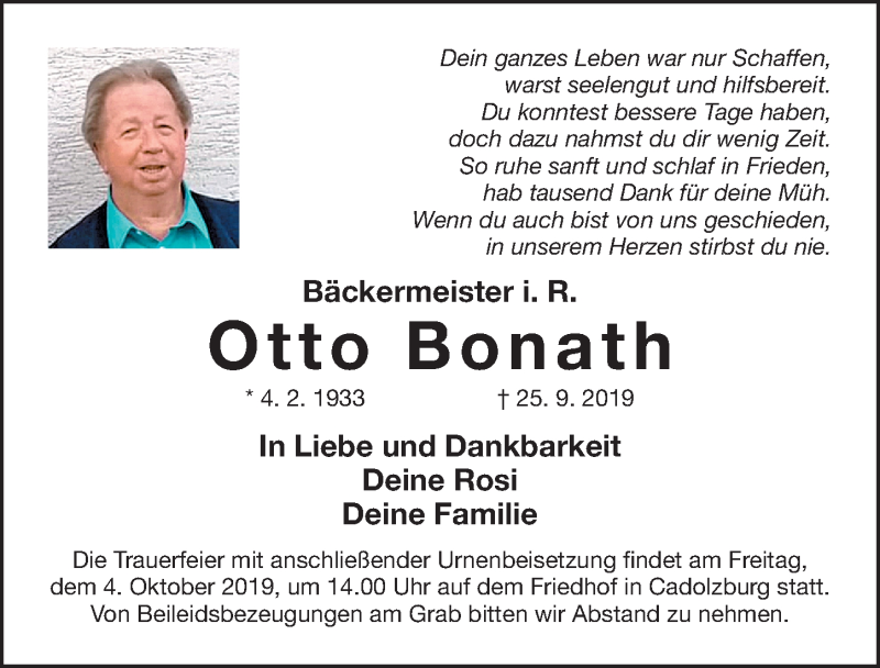  Traueranzeige für Otto Bonath vom 28.09.2019 aus Fürther Nachrichten Lokal