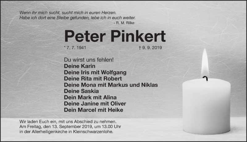  Traueranzeige für Peter Pinkert vom 11.09.2019 aus Gesamtausgabe Nürnberger Nachrichten/ Nürnberger Ztg.