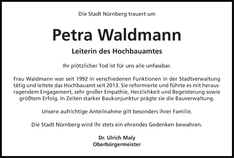  Traueranzeige für Petra Waldmann vom 11.09.2019 aus Gesamtausgabe Nürnberger Nachrichten/ Nürnberger Ztg.
