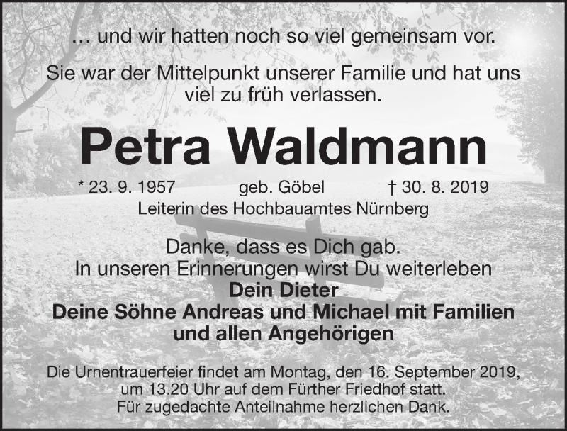  Traueranzeige für Petra Waldmann vom 11.09.2019 aus Fürther Nachrichten Lokal