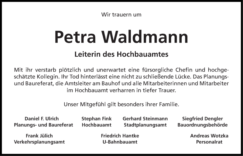  Traueranzeige für Petra Waldmann vom 11.09.2019 aus Gesamtausgabe Nürnberger Nachrichten/ Nürnberger Ztg.