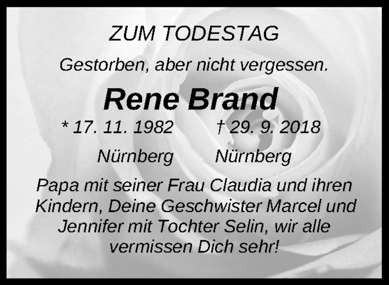  Traueranzeige für René Brand vom 28.09.2019 aus Gesamtausgabe Nürnberger Nachrichten/ Nürnberger Ztg.