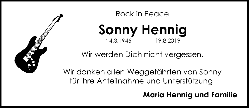  Traueranzeige für Sonny Hennig vom 02.09.2019 aus Gesamtausgabe Nürnberger Nachrichten/ Nürnberger Ztg.