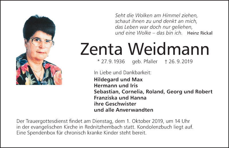  Traueranzeige für Zenta Weidmann vom 28.09.2019 aus Roth-Hilpoltsteiner Volkszeitung Lokal