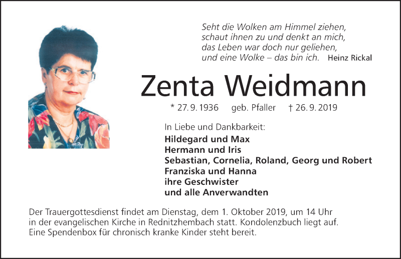  Traueranzeige für Zenta Weidmann vom 28.09.2019 aus Schwabach