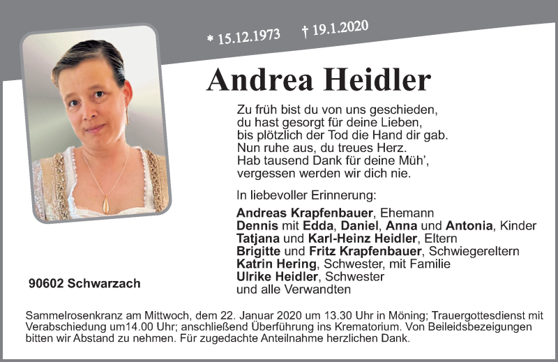  Traueranzeige für Andrea Heidler vom 20.01.2020 aus Neumarkter Nachrichten Lokal