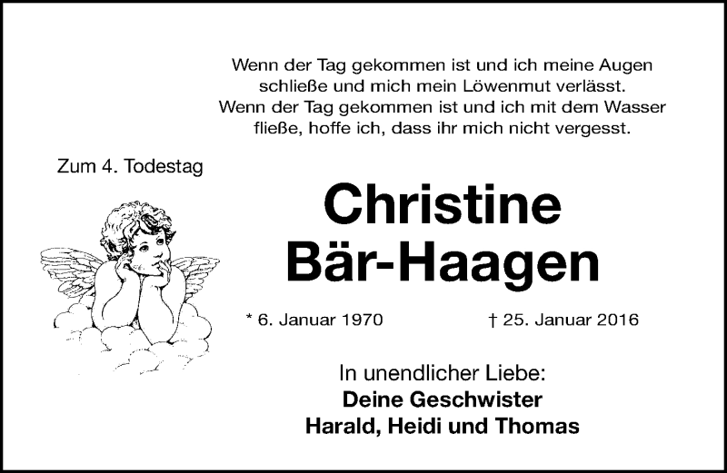  Traueranzeige für Christine Bär-Haagen vom 25.01.2020 aus Nordbayerische Nachrichten Herzogenaurach Lokal