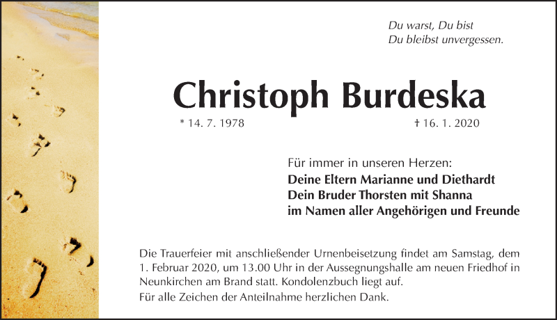  Traueranzeige für Christoph Burdeska vom 29.01.2020 aus Erlanger Nachrichten Lokal
