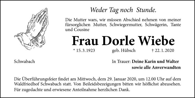  Traueranzeige für Dorle Wiebe vom 25.01.2020 aus Schwabach