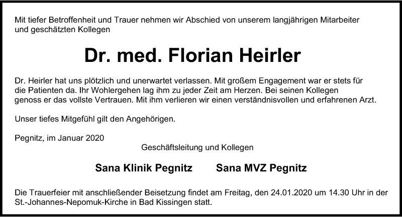 Traueranzeige für Florian Heirler vom 18.01.2020 aus Nordbayerische Nachrichten Pegnitz Lokal