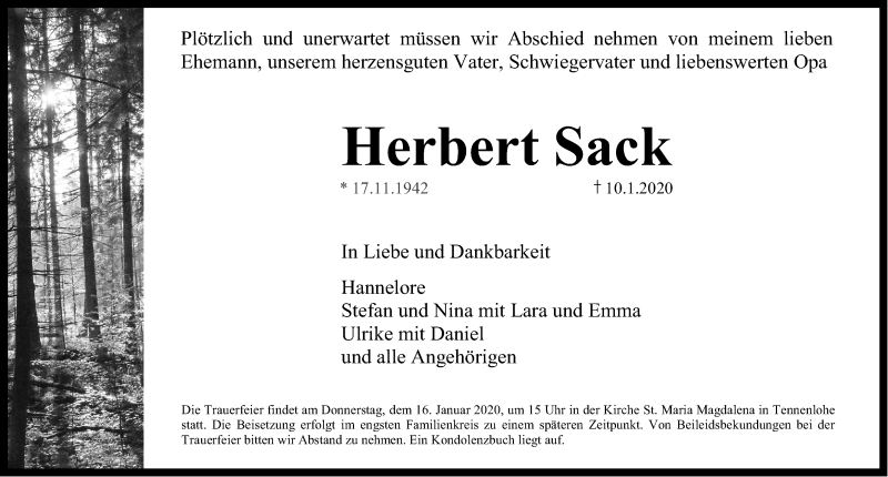  Traueranzeige für Herbert Sack vom 14.01.2020 aus Erlanger Nachrichten Lokal