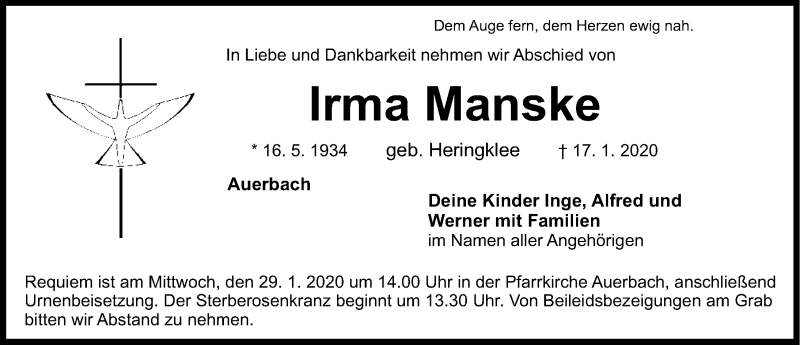  Traueranzeige für Irma Manske vom 25.01.2020 aus Nordbayerische Nachrichten Pegnitz Lokal