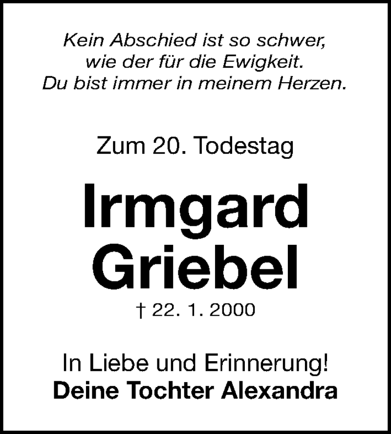  Traueranzeige für Irmgard Griebel vom 22.01.2020 aus Erlanger Nachrichten Lokal