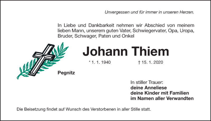  Traueranzeige für Johann Thiem vom 17.01.2020 aus Nordbayerische Nachrichten Pegnitz Lokal