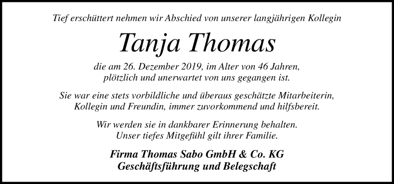  Traueranzeige für Tanja Thomas vom 11.01.2020 aus Gesamtausgabe Nürnberger Nachrichten/ Nürnberger Ztg.