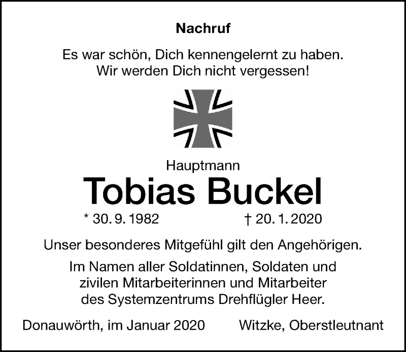  Traueranzeige für Tobias Buckel vom 25.01.2020 aus Altmühl-Bote Lokal