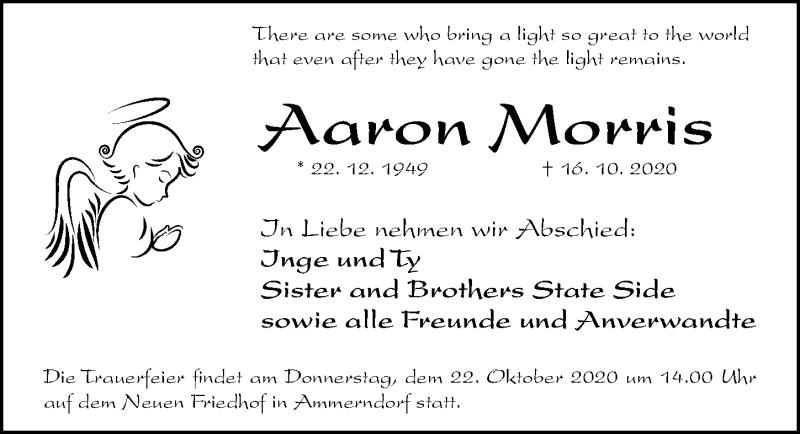  Traueranzeige für Aaron Morris vom 20.10.2020 aus Gesamtausgabe Nürnberger Nachrichten/ Nürnberger Ztg.