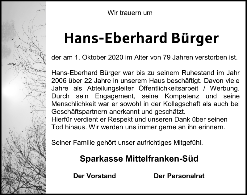  Traueranzeige für Hans-Eberhard Bürger vom 10.10.2020 aus Roth-Hilpoltsteiner Volkszeitung Lokal