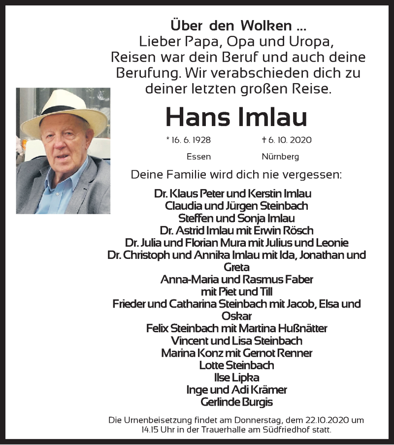  Traueranzeige für Hans Imlau vom 17.10.2020 aus Gesamtausgabe Nürnberger Nachrichten/ Nürnberger Ztg.