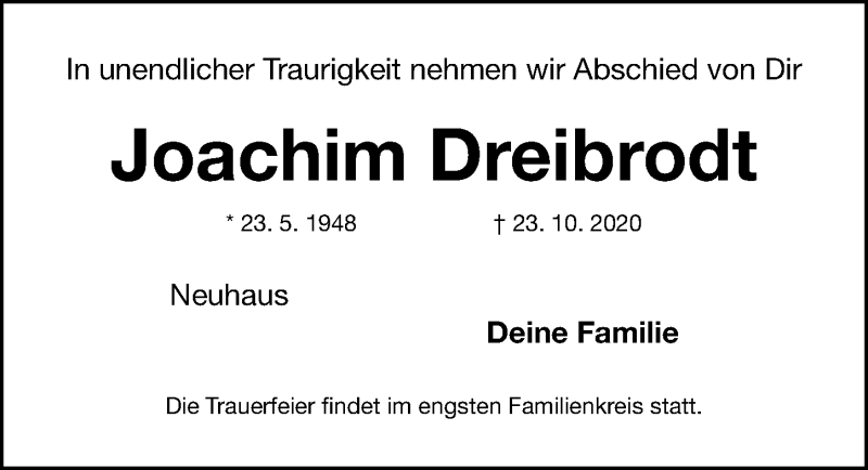  Traueranzeige für Joachim Dreibrodt vom 27.10.2020 aus Nordbayerische Nachrichten Herzogenaurach Lokal