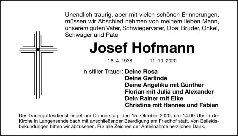  Traueranzeige für Josef Hofmann vom 13.10.2020 aus Nordbayerische Nachrichten Forchheim Lokal