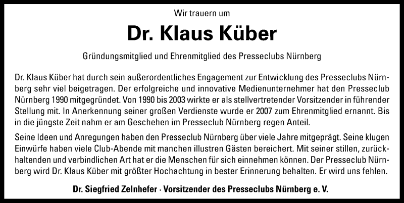  Traueranzeige für Klaus Küber vom 17.10.2020 aus Gesamtausgabe Nürnberger Nachrichten/ Nürnberger Ztg.