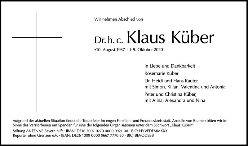  Traueranzeige für Klaus Küber vom 17.10.2020 aus Gesamtausgabe Nürnberger Nachrichten/ Nürnberger Ztg.
