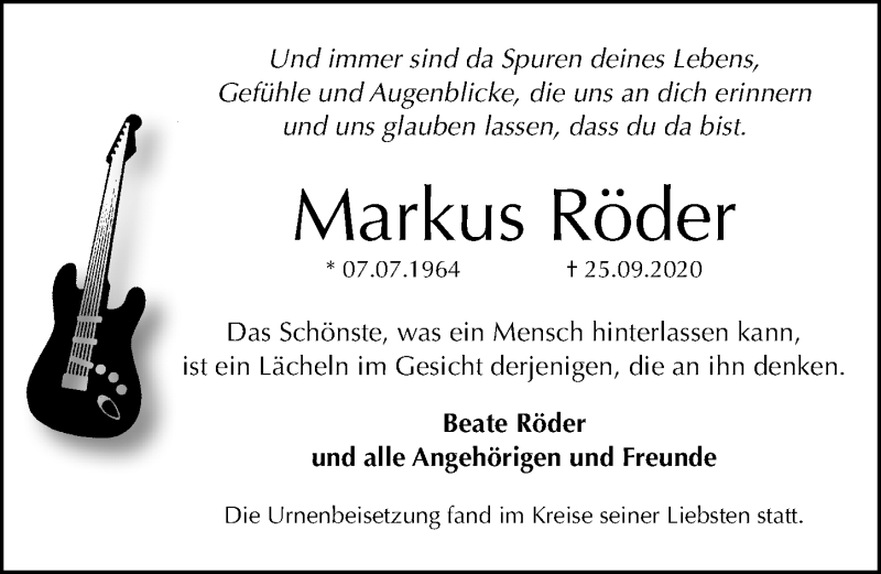  Traueranzeige für Markus Röder vom 17.10.2020 aus Gesamtausgabe Nürnberger Nachrichten/ Nürnberger Ztg.