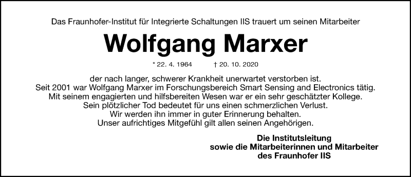  Traueranzeige für Wolfgang Marxer vom 27.10.2020 aus Gesamtausgabe Nürnberger Nachrichten/ Nürnberger Ztg.